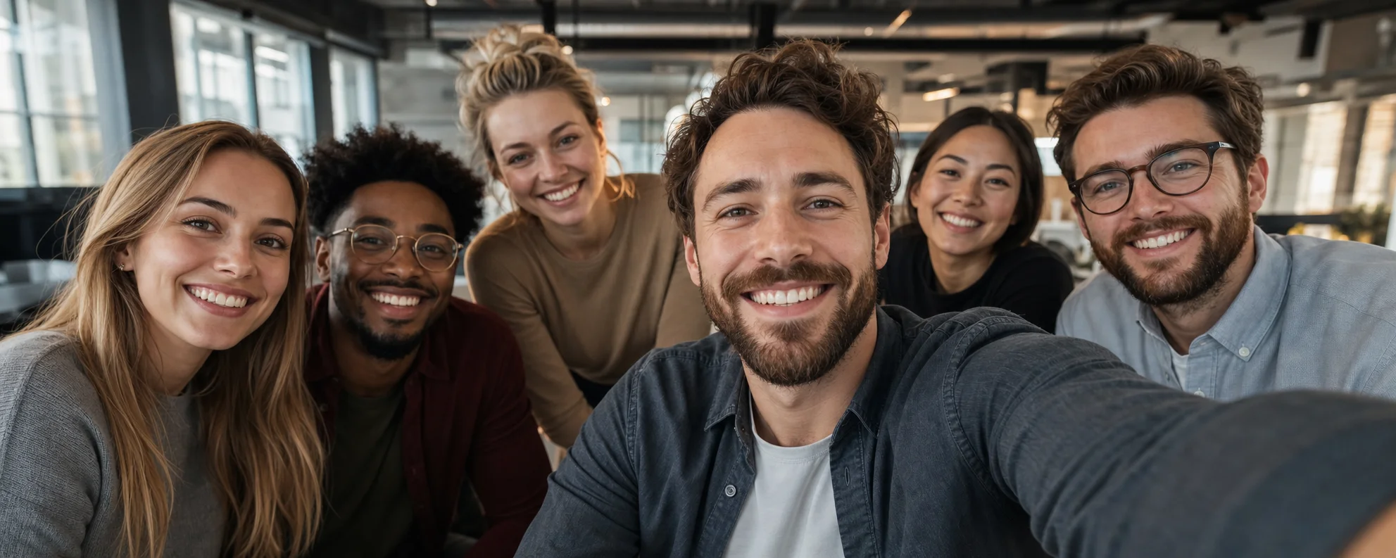Equipo corporativo de tecnología sonriendo en oficina moderna